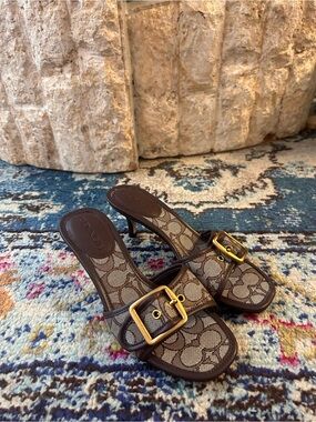 Coach Brown Signature Canvas Buckle Kitten Heel Margot Sandal
